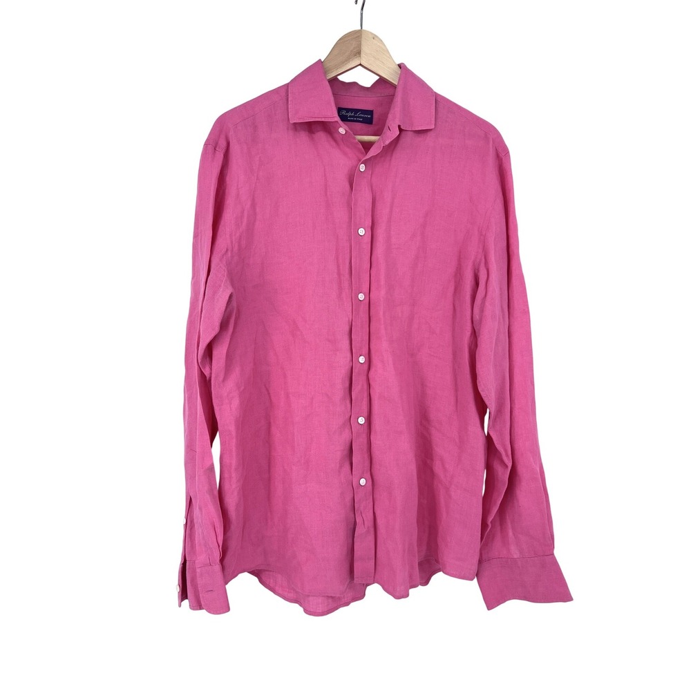 Ralph Lauren Purple Label Italy Pink Linen Long Sleeve Button Down Shirt Mens‎ L